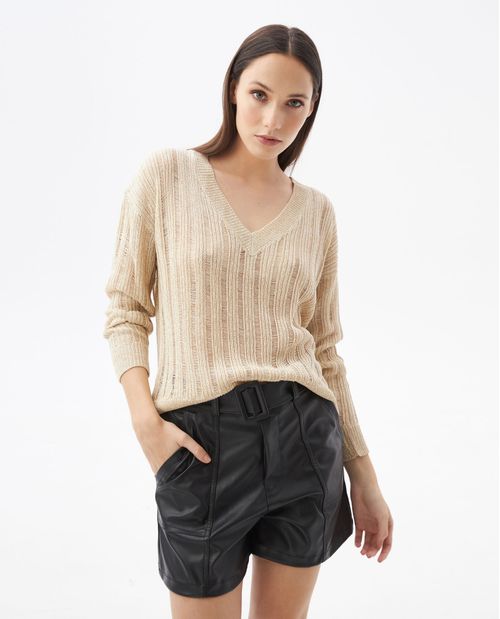 Camiseta Tejida de Mujer, Silueta Recta Escote Profundo en V Manga Larga - Galga Súper Liviana