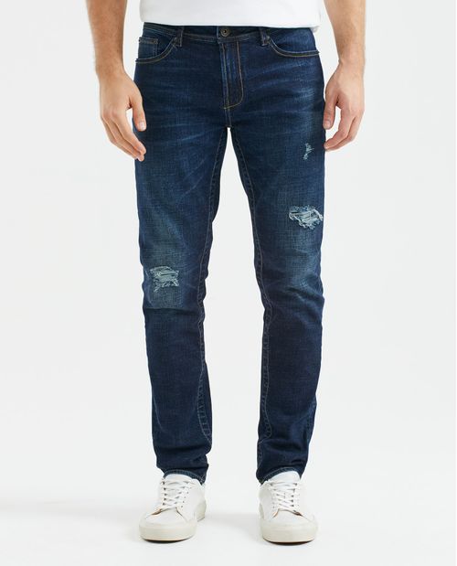 Jean de Hombre Slim Fit, Famous, Bota Slim - Azul Oscuro Vintage + Rotos