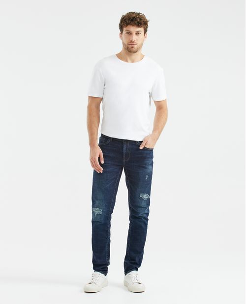 Jean de Hombre Slim Fit, Famous, Bota Slim - Azul Oscuro Vintage + Rotos