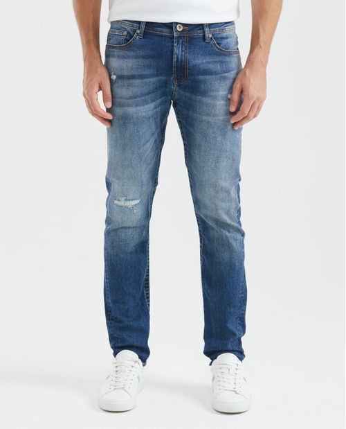 Jean de Hombre Slim Fit, Famous, Bota Slim - Azul Medio Vintage + Rotos