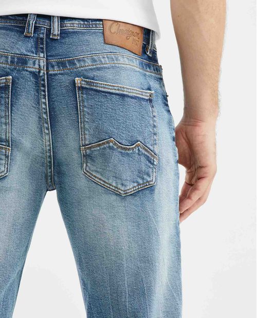 Jean de Hombre Slim Fit, Famous, Bota Slim - Azul Claro Vintage Efecto Craquelado