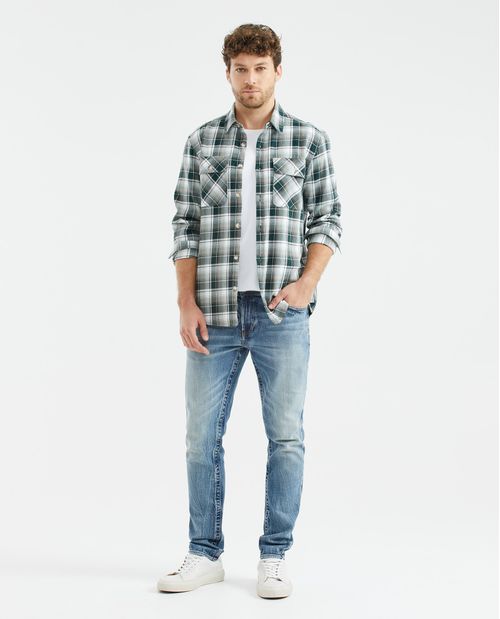 Jean de Hombre Slim Fit, Famous, Bota Slim - Azul Claro Vintage Efecto Craquelado