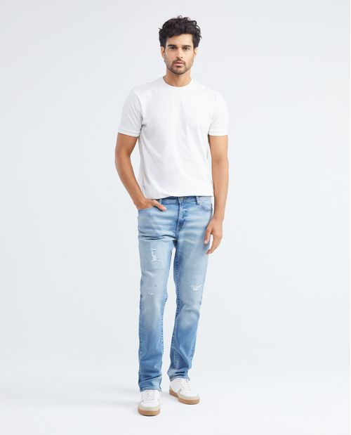 Jean de Hombre Slim Fit, Famous, Bota Slim - Azul Claro + Rotos