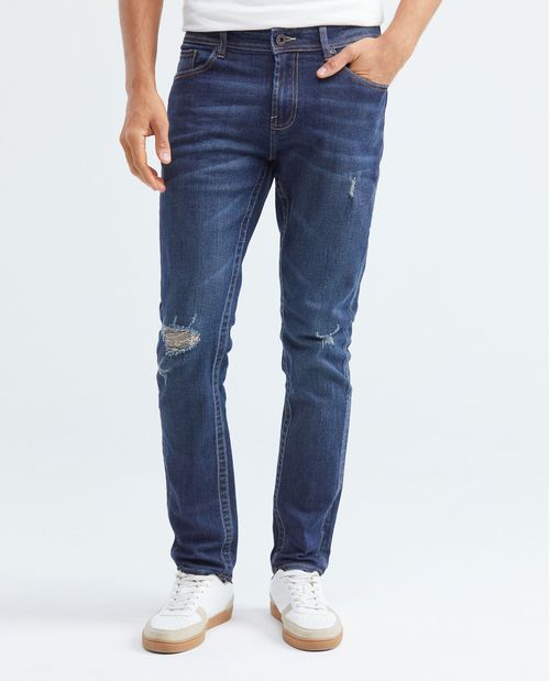 Jean de Hombre Slim Fit, Famous, Bota Slim - Azul Ultra Oscuro + Rotos