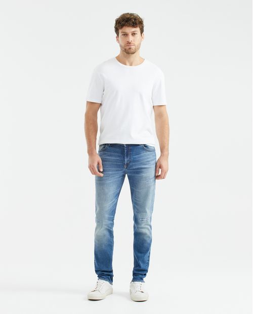 Jean de Hombre Straight Fit, Morrison, Bota Slim - Azul Medio Vintage + Rotos