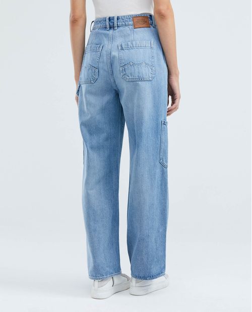 Jean de Mujer Wide Leg, Bota Relaxed - Azul Claro Bolsillos Carpinteros