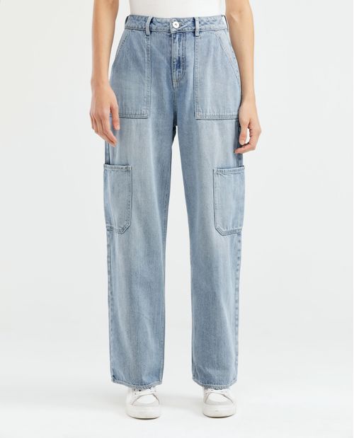 Jean de Mujer Wide Leg, Bota Relaxed - Azul Claro Bolsillos Carpinteros