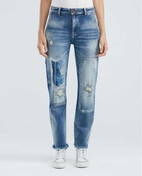 Jean de Mujer Super High Rise, Cosmo, Boot Cut - Heritage Azul Medio Carpintero + Rotos