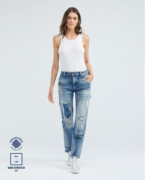Jean de Mujer Super High Rise, Cosmo, Boot Cut - Heritage Azul Medio Carpintero + Rotos