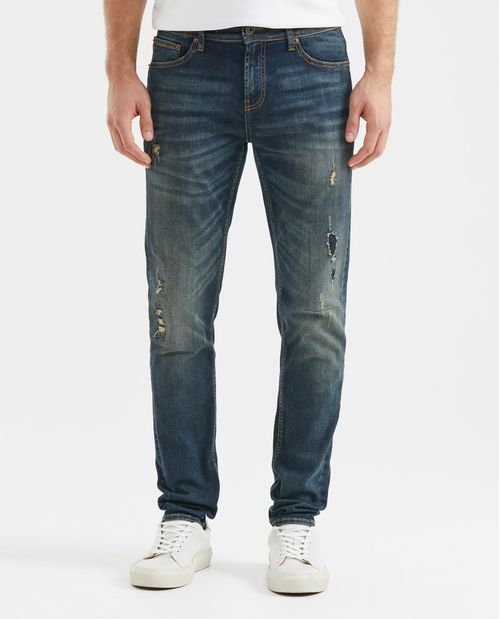 Jean de Hombre Super Slim Fit, Rider, Bota Slim - Azul Medio Vintage + Rotos