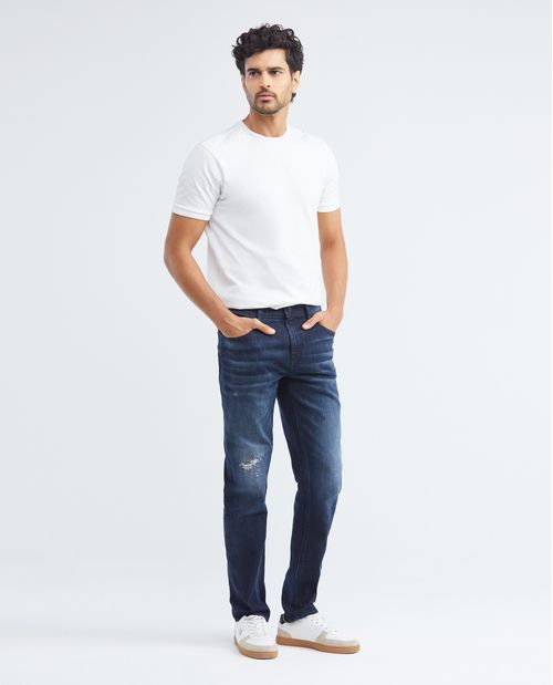 Jean de Hombre Straight Fit, Morrison, Bota Slim -  Azul Ultra Oscuro + Rotos