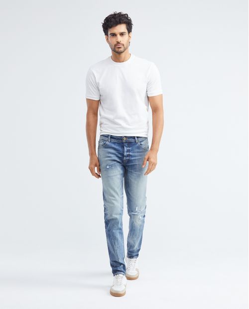 Jean de Hombre Super Slim Fit, Rider, Bota Super Slim - Heritage Azul Ultra Oscuro Desgaste Fuerte + Rotos