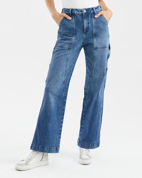 Jean Carpintero de Mujer Wide Leg, Bota Relaxed - Azul Medio Detalles de Construcción