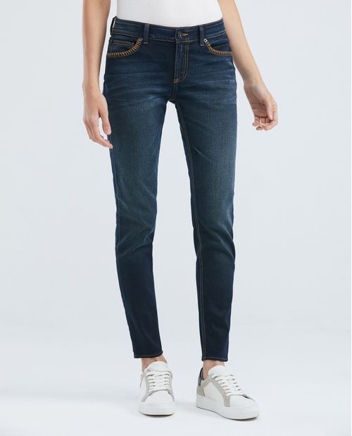 Jean de Mujer Low Rise, Rusty, Bota Skinny - Azul Ultra Oscuro Acabado Resinado