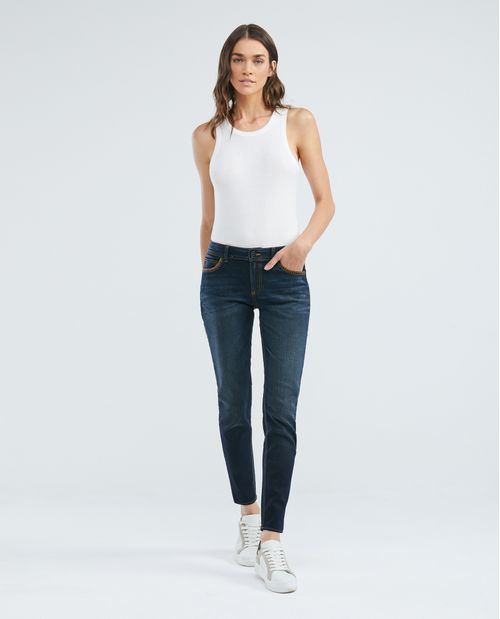 Jean de Mujer Low Rise, Rusty, Bota Skinny - Azul Ultra Oscuro Acabado Resinado