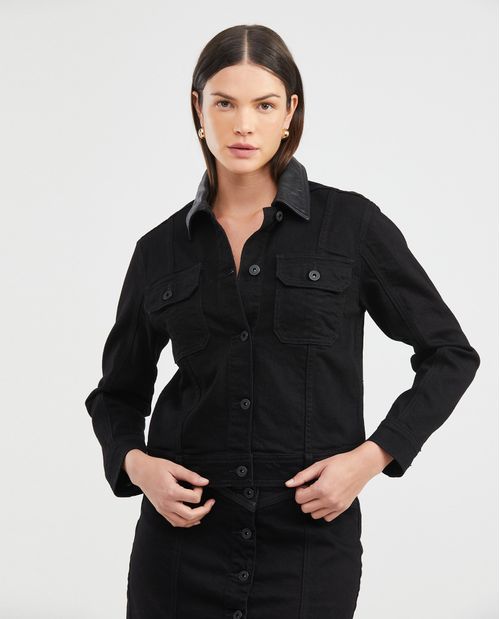 Chaqueta de Mujer en Denim, Tipo Trucker Straight Fit - Gris Oscuro Piezas en Cuero