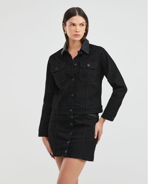 Chaqueta de Mujer en Denim, Tipo Trucker Straight Fit - Gris Oscuro Piezas en Cuero
