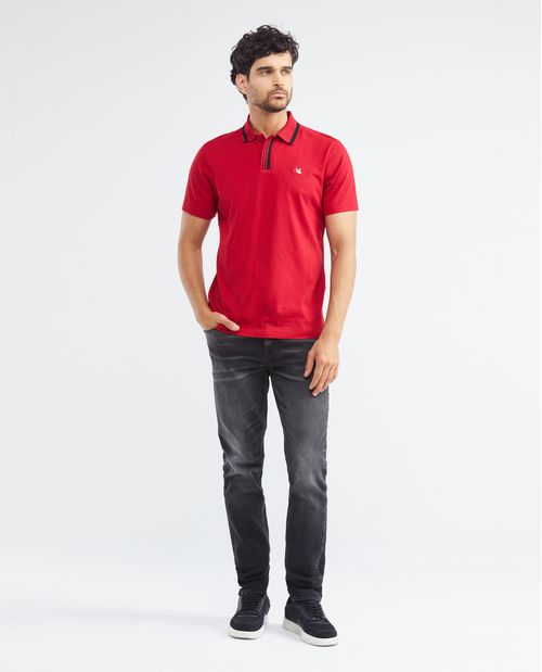 Camiseta de Hombre Tipo Polo, Classic Fit Manga Corta - Cuello Tejido Rayas en Contraste