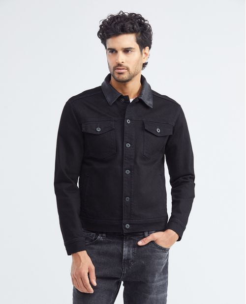Chaqueta de Hombre en Denim, Tipo Trucker Straight Fit - Negro Cuello y Bolsillo en Cuero