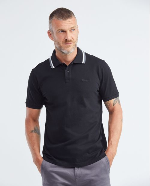 Camiseta de Hombre Tipo Polo, Slim Fit Manga Corta - Cuello Tejido Líneas en Contraste + Puños Textura Espina de Pescado