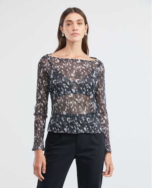 Camiseta de Mujer, Manga Larga Cuello Almendrado - Malla Semi Transparente Animal Print