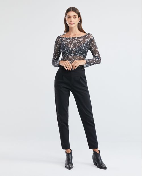 Camiseta de Mujer, Manga Larga Cuello Almendrado - Malla Semi Transparente Animal Print