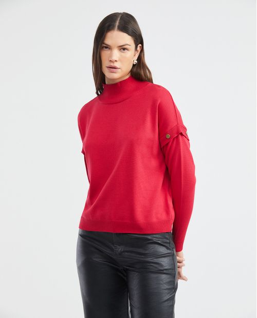 Suéter Tejido de Mujer, Silueta Amplia Cuello Alto - Pieza Tejida con Broches Decorativos