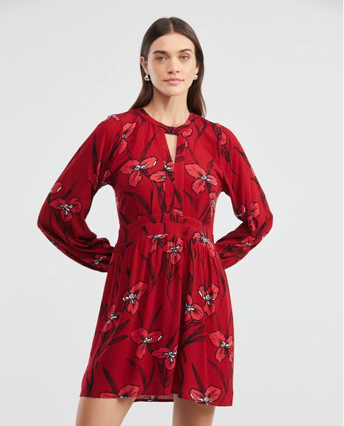 Vestido Corto, Escote en V Abertura Frontal Manga Larga - Maxi Print Flores