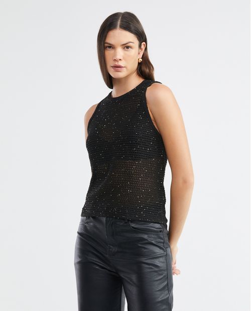 Camiseta Tejida de Mujer, Silueta Relajada Cuello Redondo Manga Sisa - Galga Liviana
