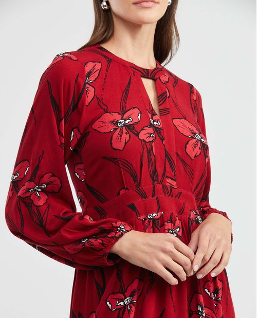 Vestido Corto, Escote en V Abertura Frontal Manga Larga - Maxi Print Flores