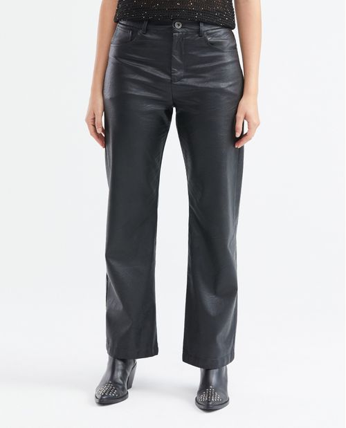 Pantalón de Mujer, Wide Leg Tiro Medio Bota Relaxed - Diseño 5 Bolsillos Efecto Cuero