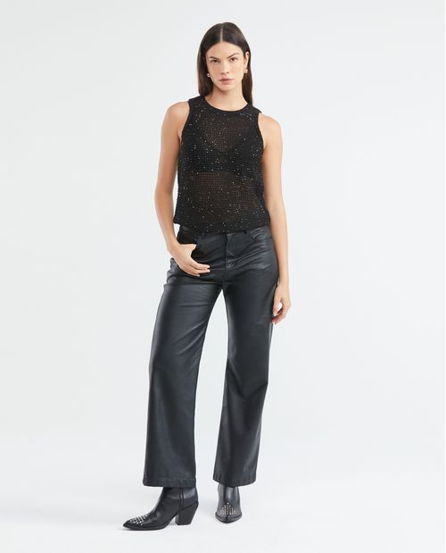 Pantalón de Mujer, Wide Leg Tiro Medio Bota Relaxed - Diseño 5 Bolsillos Efecto Cuero