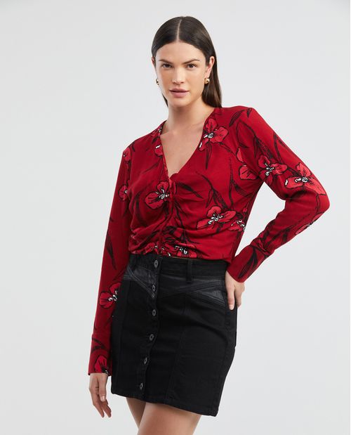 Blusa de Mujer, Tipo Crop Silueta Ajustada Manga Larga Escote Profundo en V - Maxi Print Flores