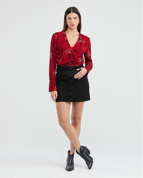 Blusa de Mujer, Tipo Crop Silueta Ajustada Manga Larga Escote Profundo en V - Maxi Print Flores