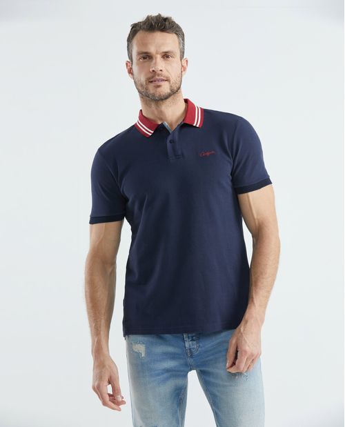 Camiseta de Hombre Tipo Polo, Slim Fit Manga Corta - Cuello en Contraste + Rayas