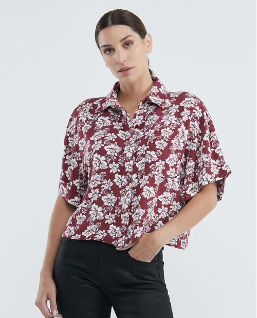 Camisa de Mujer, Silueta Amplia Manga Corta Cuello Camisero - Flores