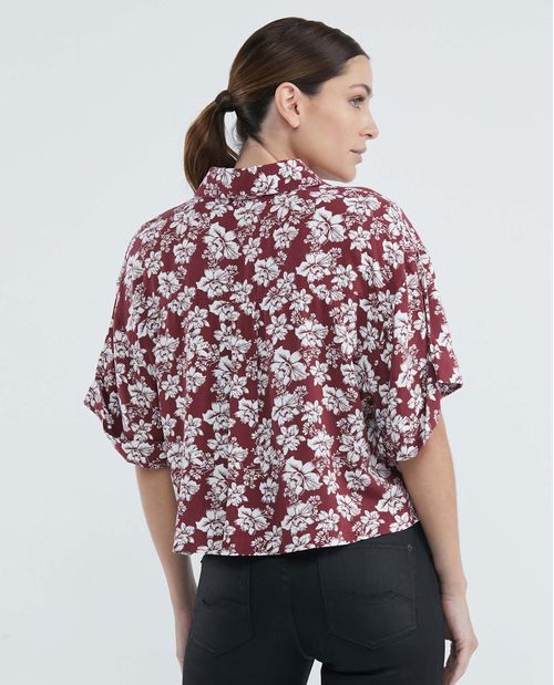 Camisa de Mujer, Silueta Amplia Manga Corta Cuello Camisero - Flores