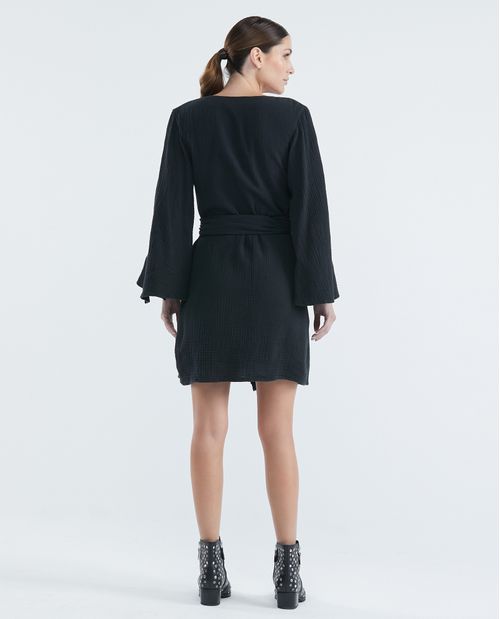 Vestido Corto Tipo Wrap, Escote en V Manga Larga - Textura Craquelada