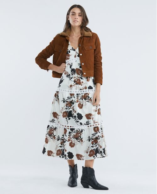 Vestido Largo Bohemio, Escote En V Manga Larga - Animal Print Floral + Encaje