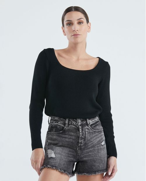 Camiseta Tejida de Mujer, Silueta Ajustada Manga Larga Escote Semi Cuadrado - Galga Súper Liviana