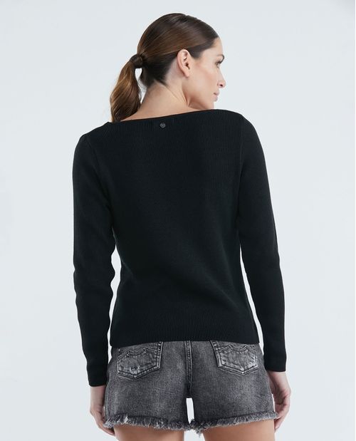 Camiseta Tejida de Mujer, Silueta Ajustada Manga Larga Escote Semi Cuadrado - Galga Súper Liviana