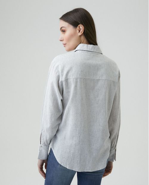 Camisa de Mujer, Silueta Oversized Manga Larga Cuello Camisero - Rayas