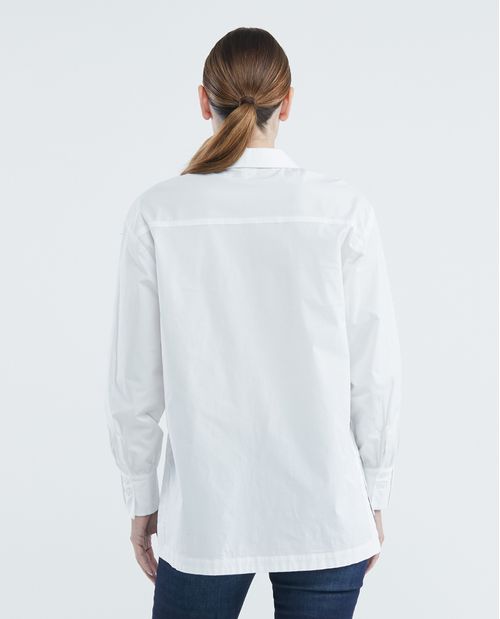 Camisa de Mujer, Silueta Oversized Manga Larga Cuello Camisero - Pedrería en Cuello