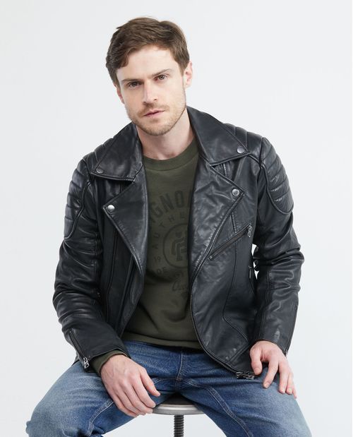 Chaqueta de Hombre en Cuero, Silueta Biker - Cortes Acolchados