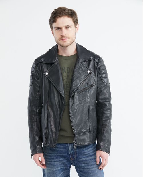 Chaqueta de Hombre en Cuero, Silueta Biker - Cortes Acolchados