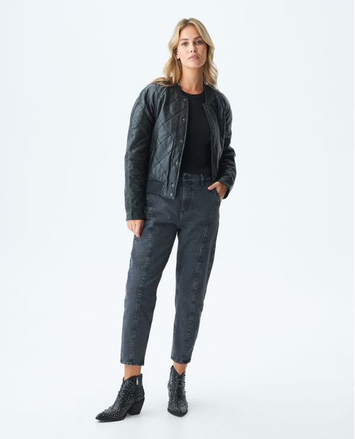 Chaqueta de Mujer en cuero, Silueta Bomber - Acolchado Y Taches