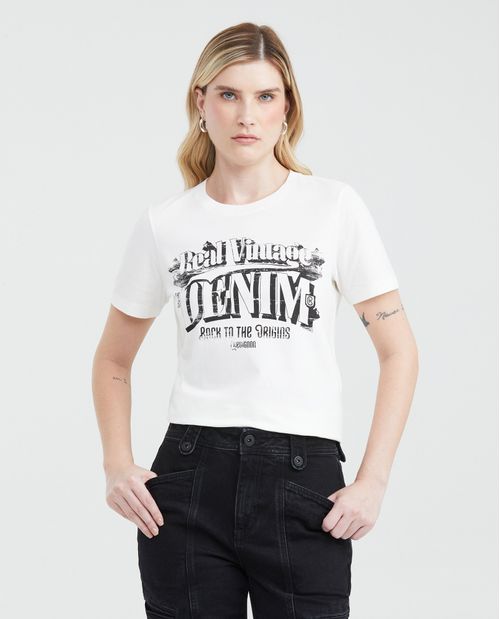 Camiseta Estampada con Efecto Desgastado para Mujer