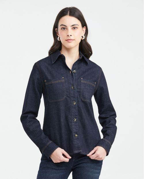 Camisa en Denim Rígido Slim Fit Manga Larga Azul Oscuro para Mujer