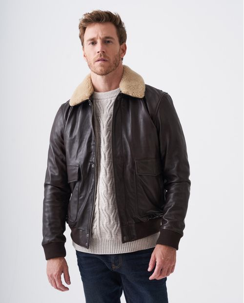 Chaqueta de Hombre en Cuero, tipo Aviador - Cuello Removible