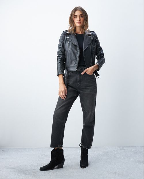 Chaqueta de Mujer en cuero, Silueta Biker con Taches